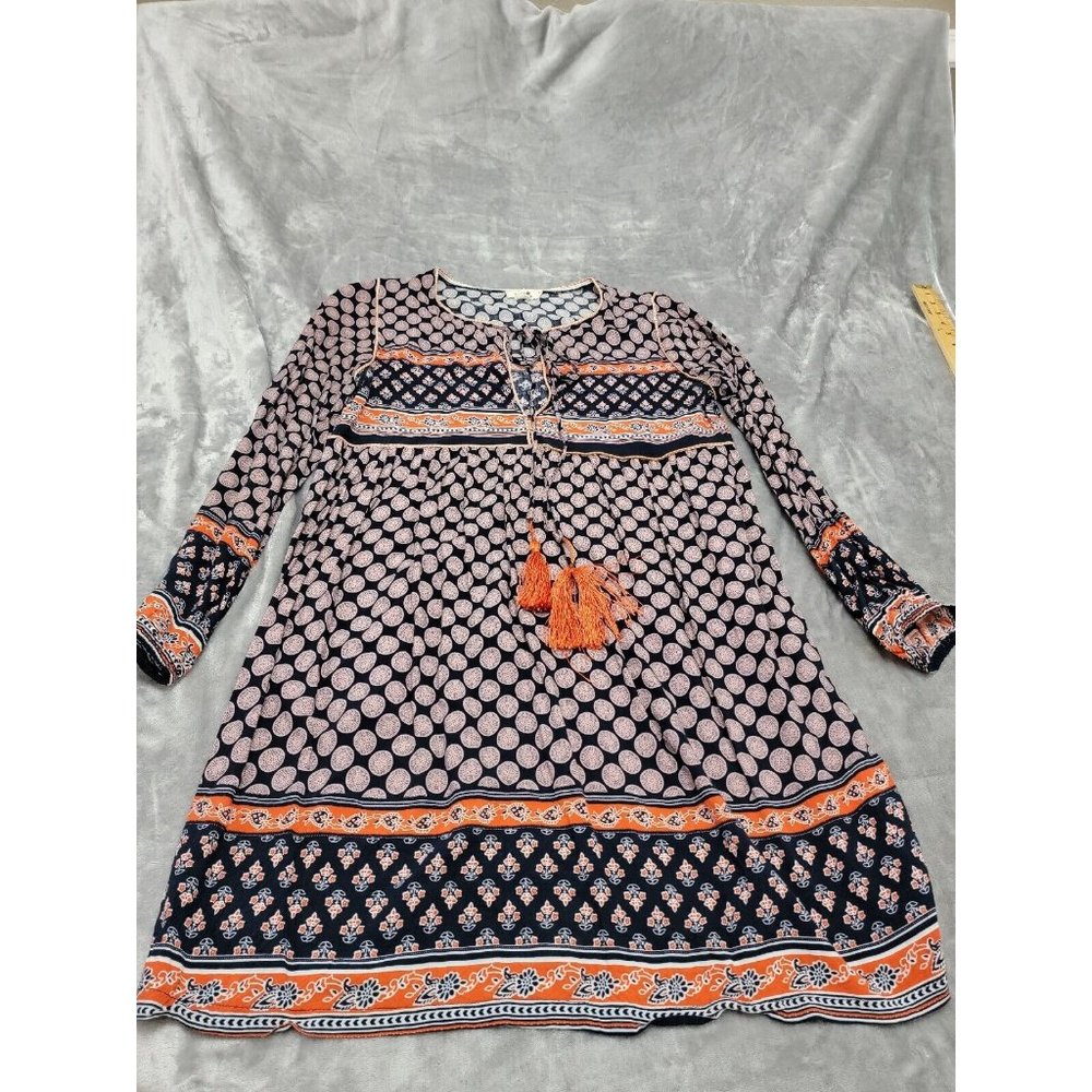 Holly Bracken tie neck, boho, shift dress, geometric‎ floral print, l/s, Large